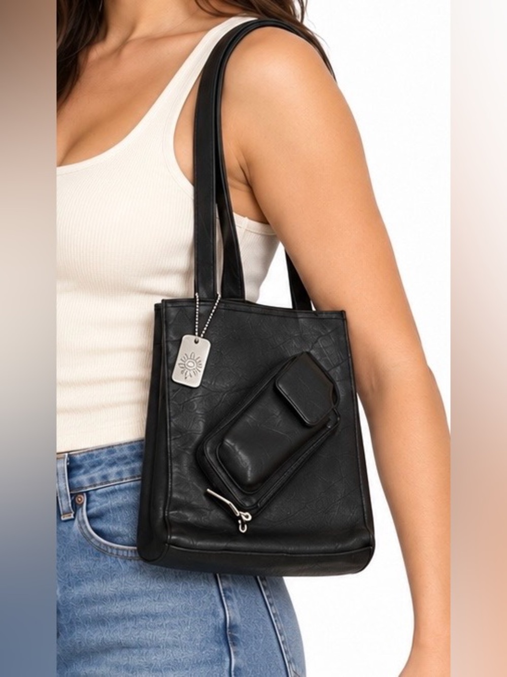 Vintage Y2K Black Faux Leather Organizer Shoulder Bag Phone Holder Wallet
